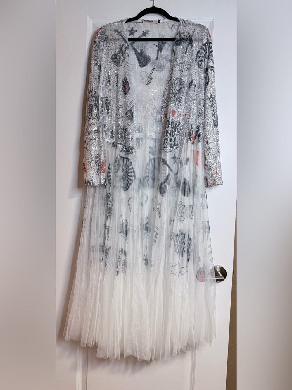 🆕 Origami Designer Rock & Roll White Silver Red Sequin SheerTulle Long Duster - Picture 6 of 10
